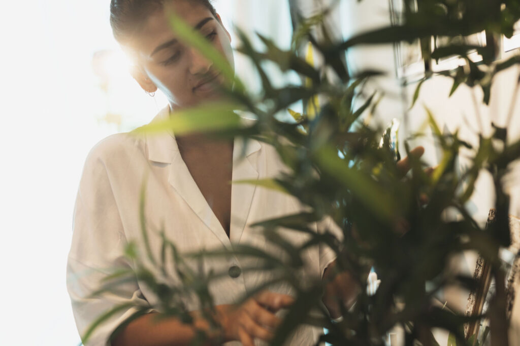 beautiful woman taking care home plants